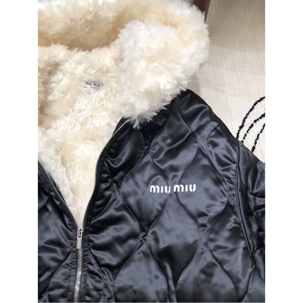 Miumiu Black Down Filled Quilted Jacket with Fur Trim